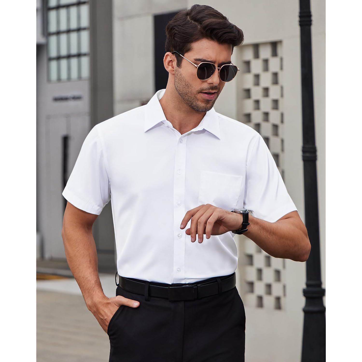 Alimens & Gentle Mens Short Sleeve Dress Shirts Wrinkle Free Solid Casual Button Down Shirts With Pocket