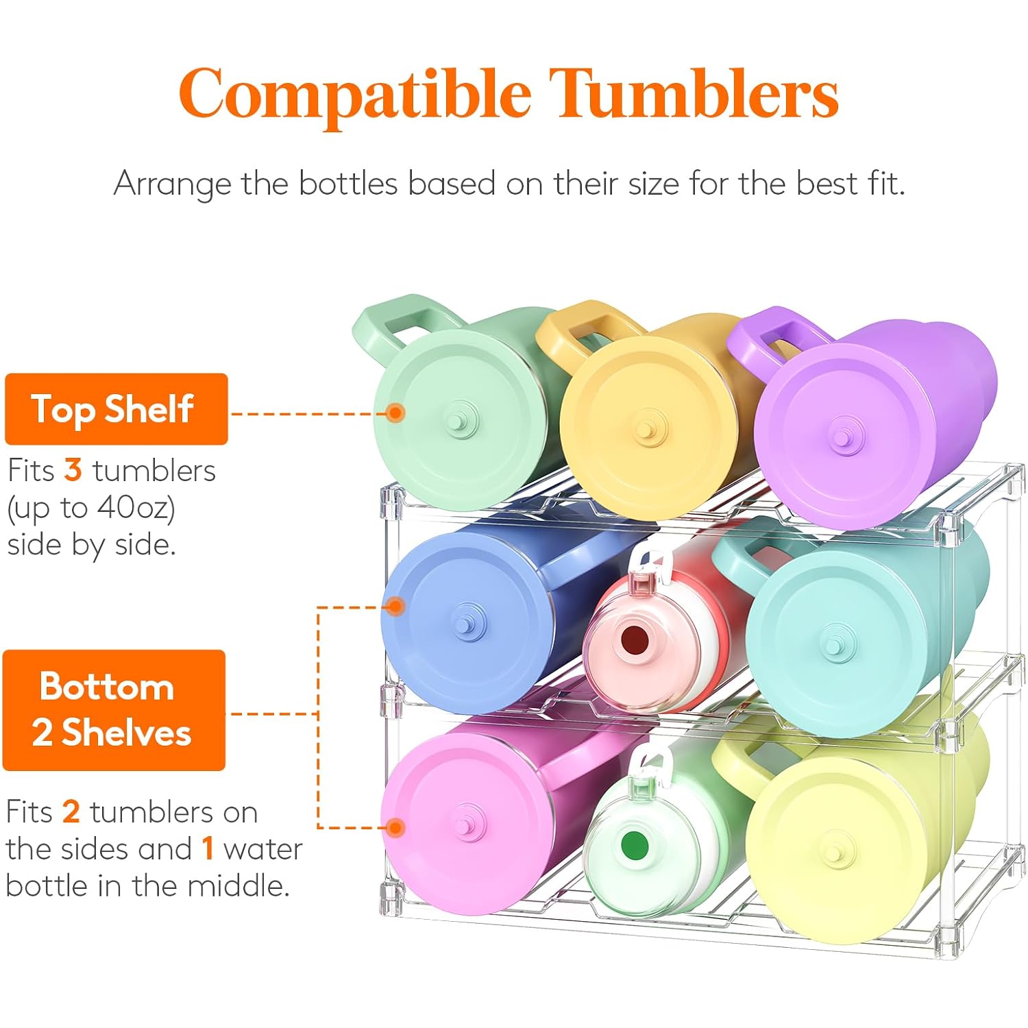 Lifewit Stackable Bottle Storage Organizer, Clear Freestanding Wine Holder For Cabinet, Large Slot Water Bottle Tumbler Cup Organizer For Pantry, Plastic Wine Rack For Fridge Cellar, 3Tier Hold 9