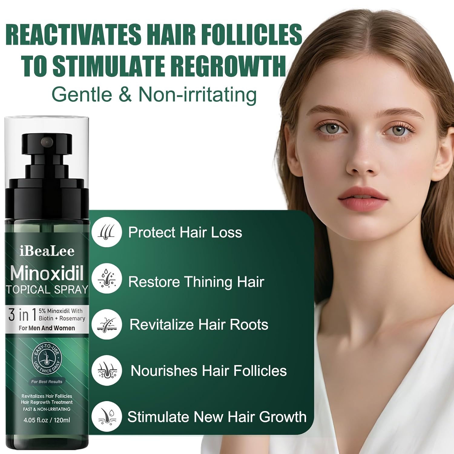 5% Minoxidil For Men And Women Hair Growth, Minoxidil Hair Growth Spray With Biotin & Rosemary, Extra Strength Hair Loss Treatment Serum For Thicker Hair & Beard Regrowth, 2 Bottles