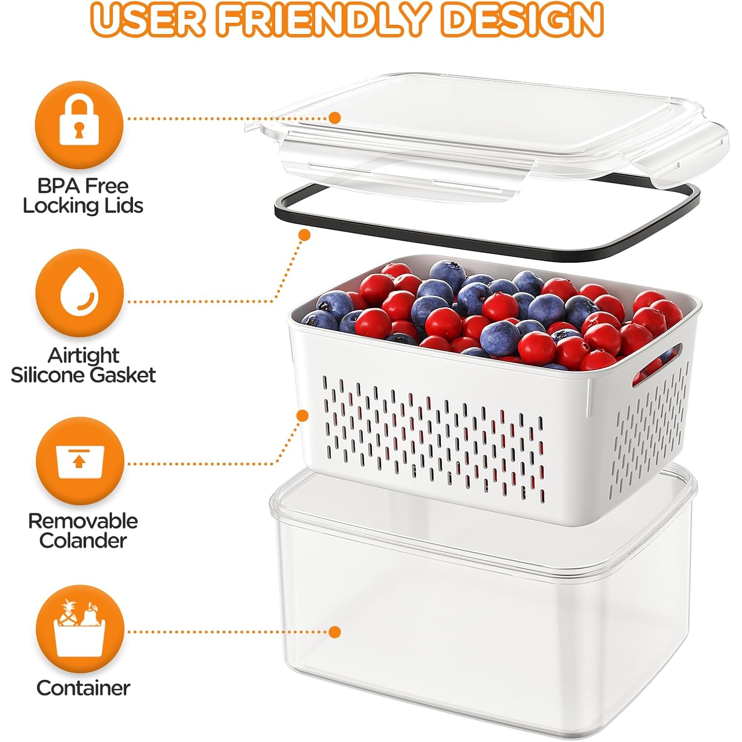 5-Pack Fruit Storage Containers for Fridge with Removable Colanders, 4 in 1 Produce Storage Containers with Lids, Leakproof Fridge Organizer Bins for Salad Berry Lettuce Vegetables Meat Keeper Fresh