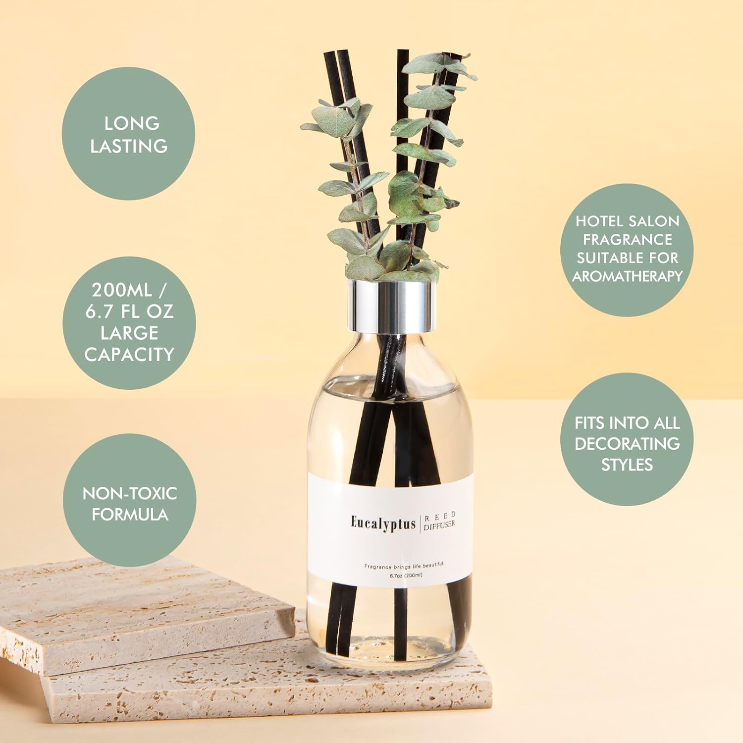 Clesh Reed Diffuser Set, 6.7 Oz Eucalyptus Scented Diffuser With Sticks, Home Fragrance Reed Diffuser For Bathroom Shelf Decor