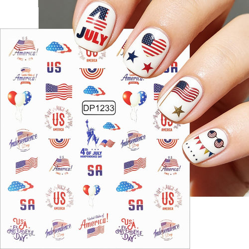 6 Sheets 4th of July Nail Art Stickers American Flag Heart Flower Nail Decals 3D Self-Adhesive Independence Day Nail Stickers Patriotic Red White Blue Star Nail Decorations for Women Holiday Supplies