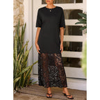 Lolong Womens Short Sleeve Lace Patchwork Maxi Dress Summer 2026 Crew Neck Casual Long Dresses