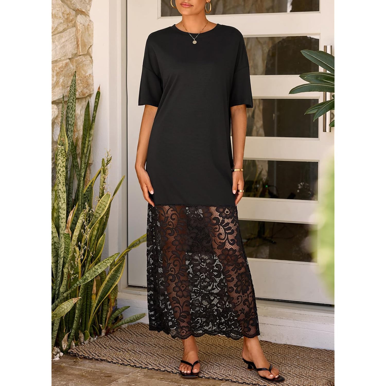 Lolong Womens Short Sleeve Lace Patchwork Maxi Dress Summer 2026 Crew Neck Casual Long Dresses