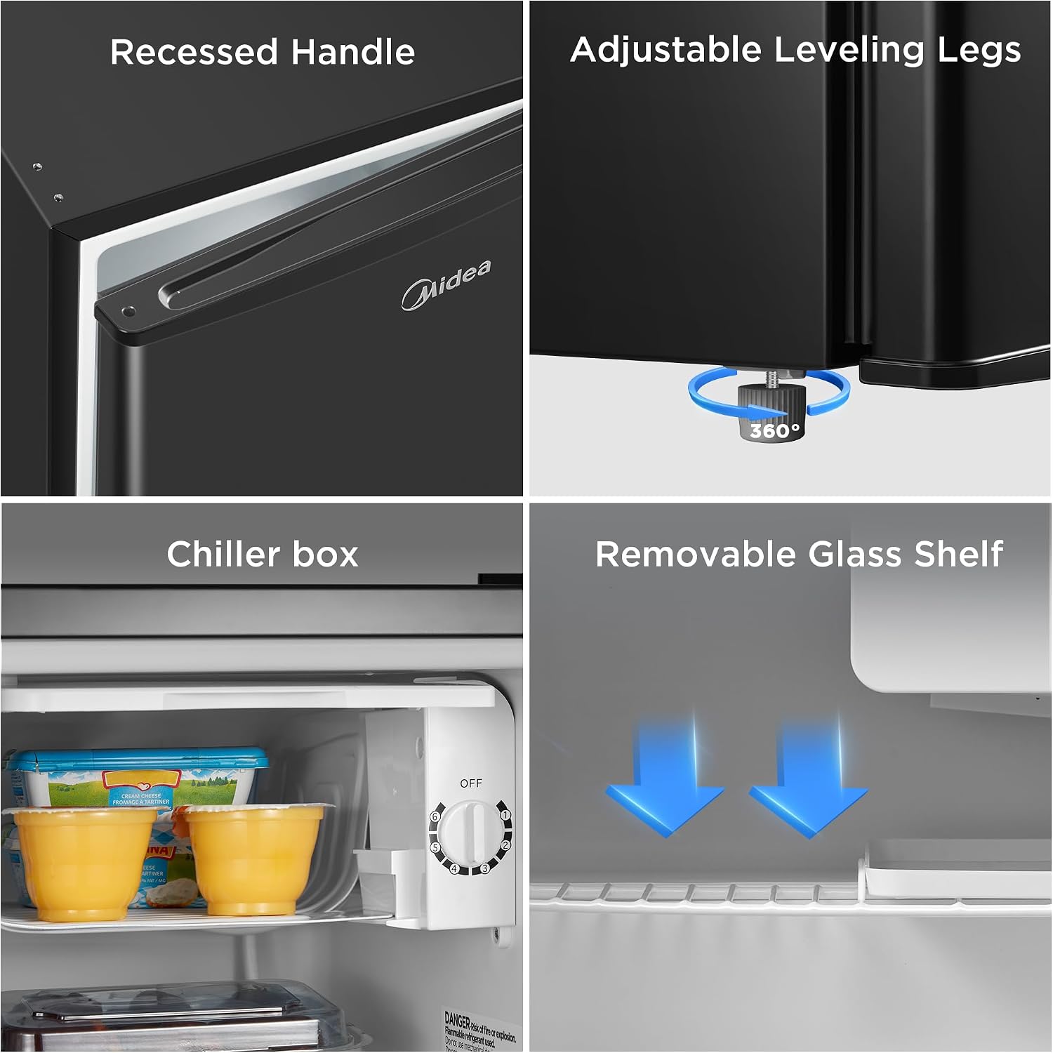 Midea Whs-65Lb1 Mini Fridge, 1.6 Cu.Ft Energy Star Certified Mini Refrigerator, Adjustable Thermostat, Reversible Door, Low Noise For Dorm, Office, Bedroom, Black