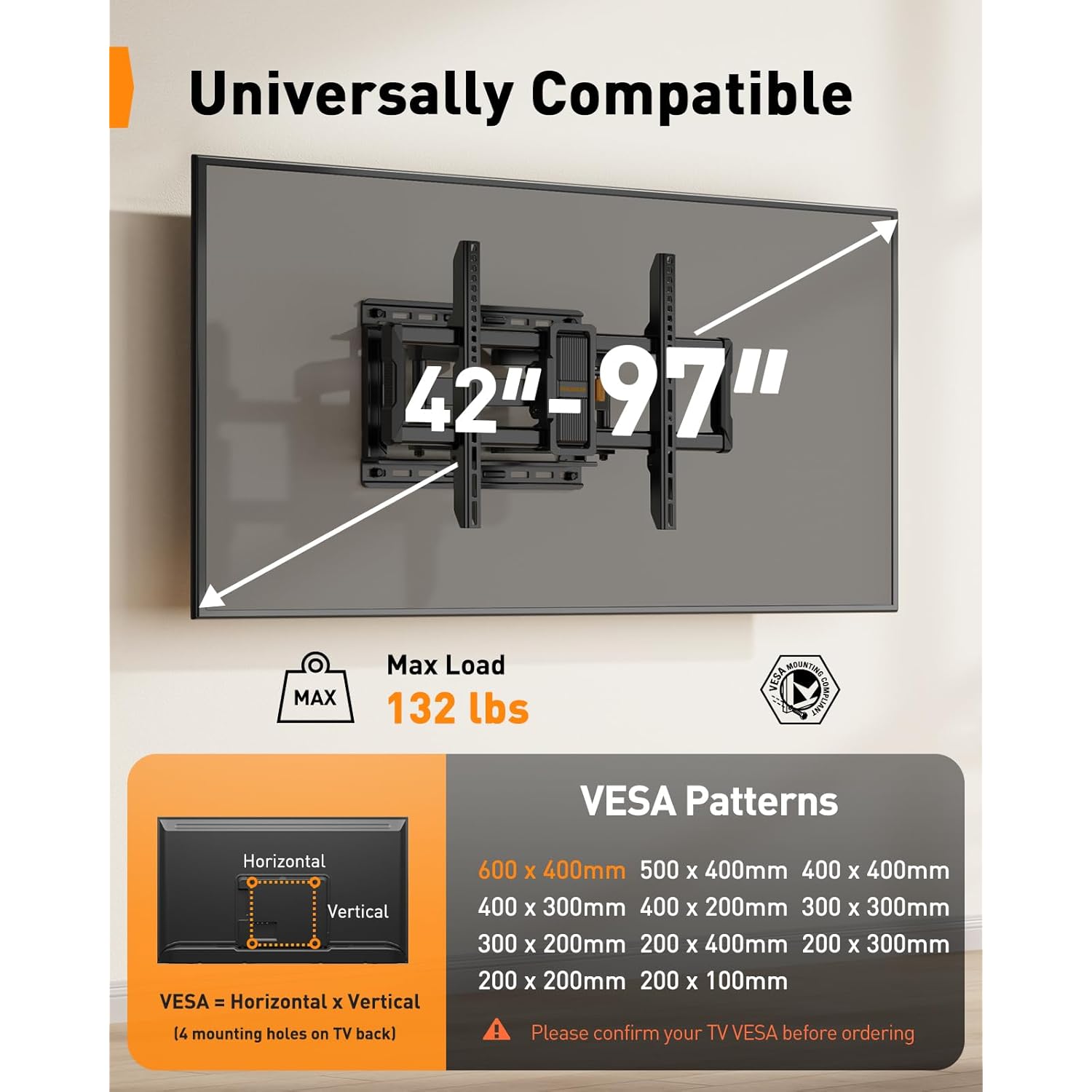 Perlegear UL-Listed Full Motion TV Wall Mount for 42–97 Inch Flat Curved TVs up to 132 lbs, 12″/16″ Wood Studs, TV Mount Bracket with Tool-Free Tilt, Swivel, Extension, Max VESA 600 x 400mm, PGLF15