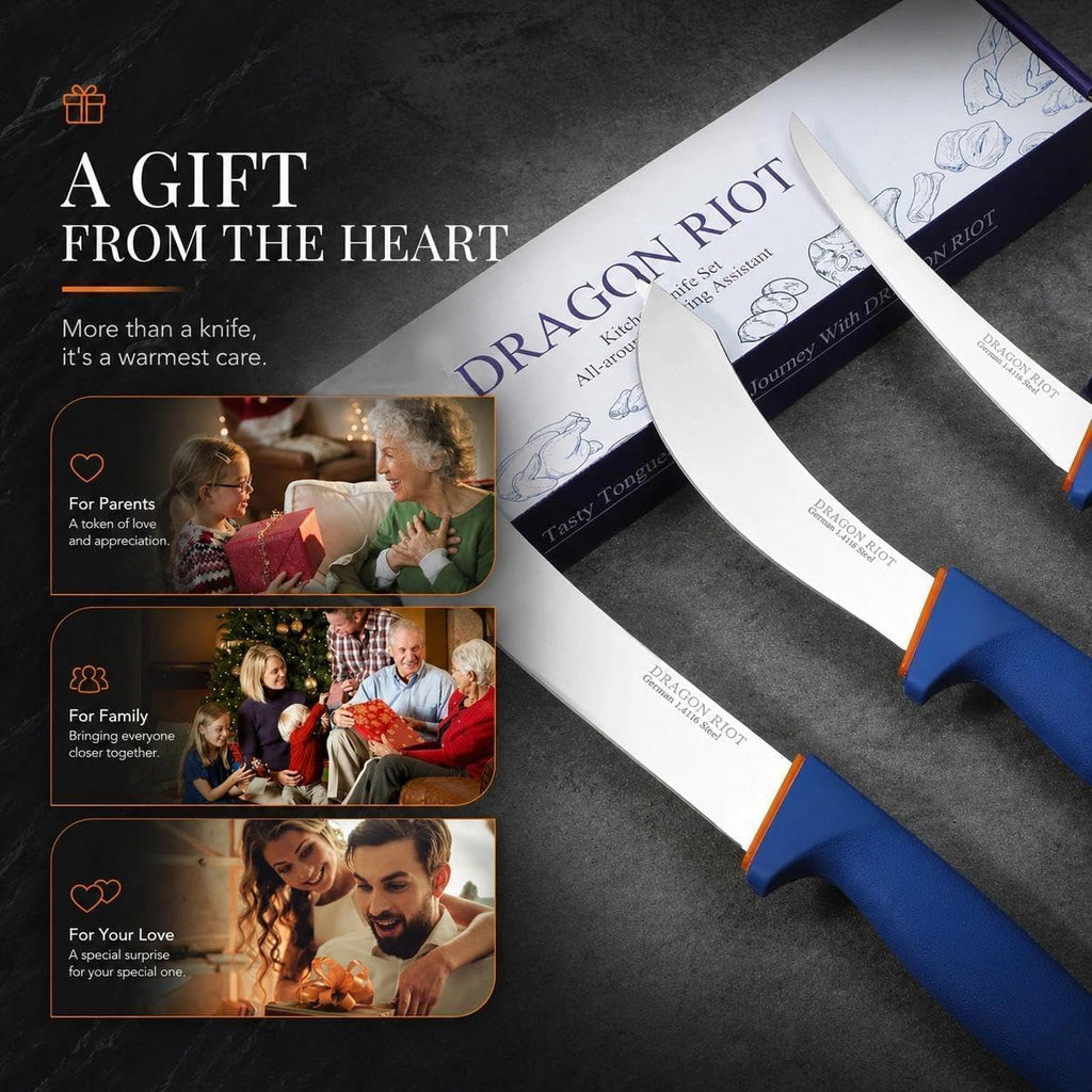DRAGON RIOT 3 Pcs Butcher Knife Set, Stainless Steel Boning & Carving Knives, Sharp Kitchen Cutlery for Meat Cutting Trimming, Perfect for Home Kitchen, Outdoor Camping BBQ & Holiday Gift
