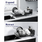 Kitsure Large Dish Drying Rack - Extendable Dish Rack, Multifunctional Dish Rack for Kitchen Counter, Anti-Rust Dish Drainers with Cutlery & Cup Holders 19.2"-26.7" L x 12.9" W, Black