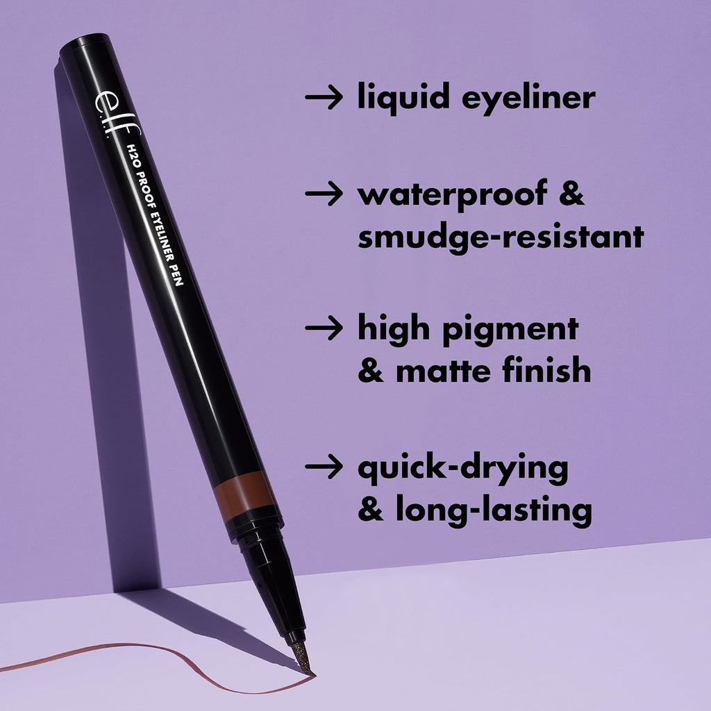 E.L.F. H2O Proof Eyeliner Pen, Felt Tip, Waterproof, Long-Lasting, High-Pigmented Liner For Bold Looks, Vegan & Cruelty-Free, Jet Black. 0.02 Fl Oz