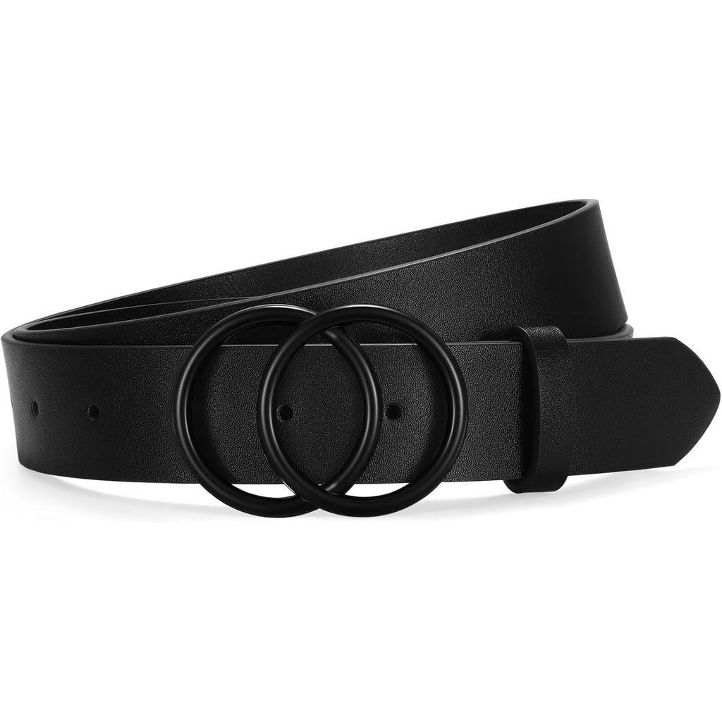 SANSTHS Womens Leather Belt for Jeans Pants Fashion Waist Belts Gold Silver Double Ring Buckle