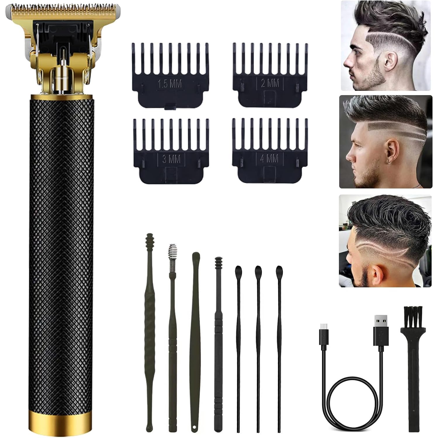 Professional Cordless Hair Clipper And Trimmer For Men, T Blade Zero Gapped Rechargeable Beard Shaver, Hair Cutting Kit With Ear Spoon Tool Set, Black