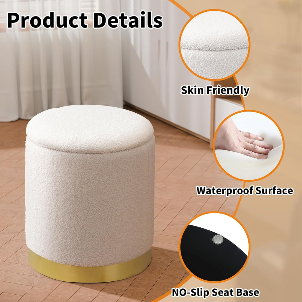 Boucle Round Ottoman With Storage,Vanity Stool With Storage For Bedroom, Ottoman Coffee Table,Small Boucle Foot Stool For Living Room, White With Gold Plating Base