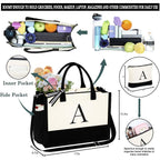 YOOLIFE Birthday Gifts for Women - Initial Canvas Tote Bag & Makeup Bag Monogrammed Beach Bag for Women Mom Sister Friends