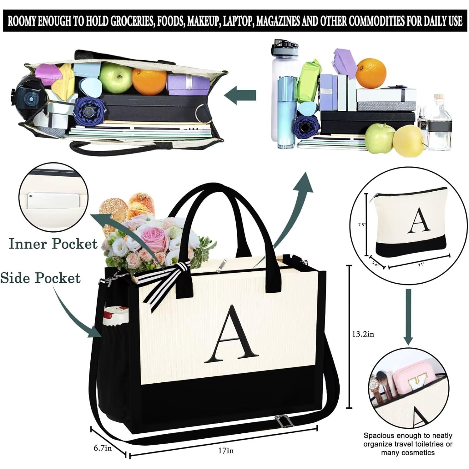YOOLIFE Birthday Gifts for Women - Initial Canvas Tote Bag & Makeup Bag Monogrammed Beach Bag for Women Mom Sister Friends
