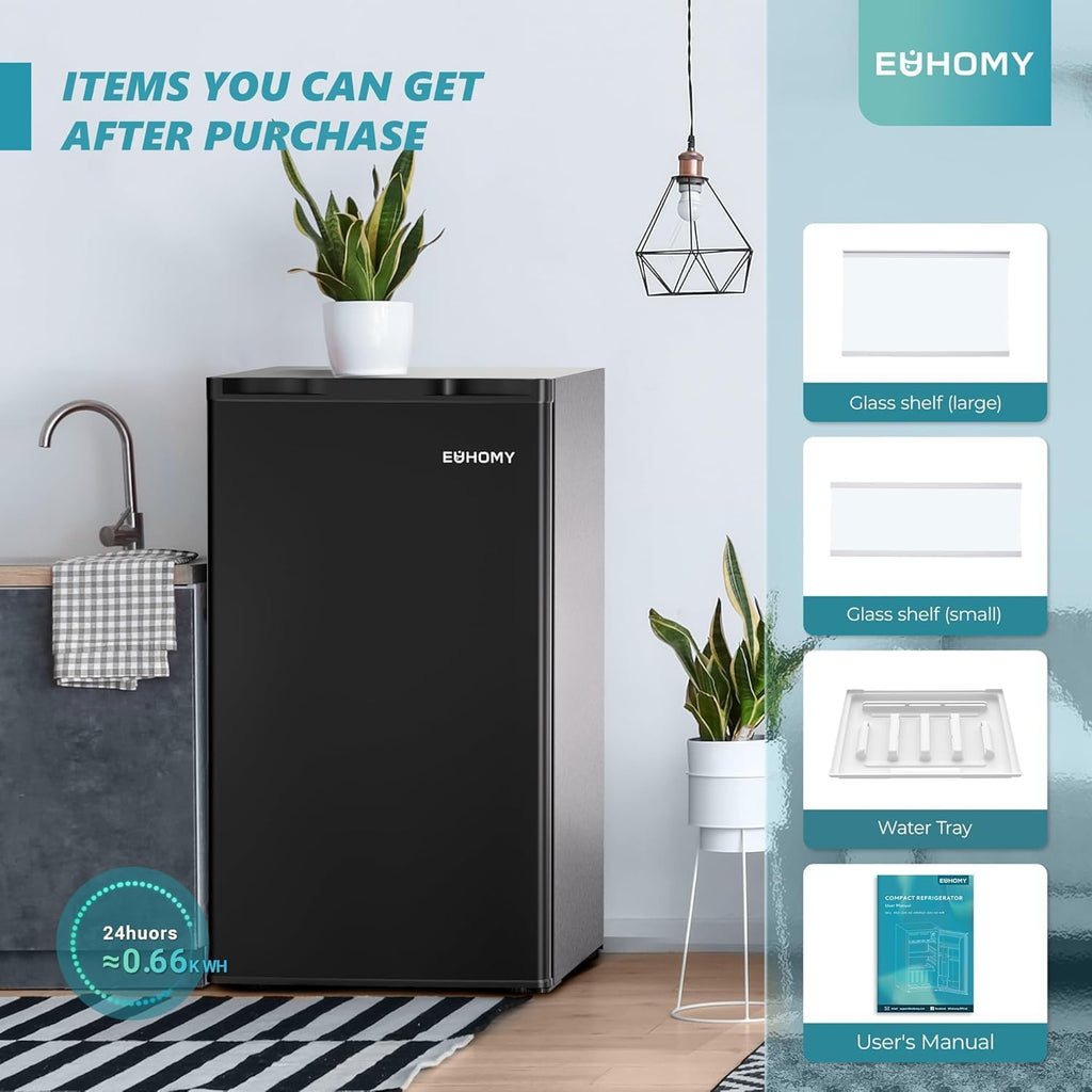 Euhomy 3.2 Cu.Ft Mini Fridge With Freezer, Single Door Compact Refrigerator, Adjustable Thermostat, Mini Refrigerator Energy Saving, Mini Fridge For Bedroom, Dorm, Office, Black