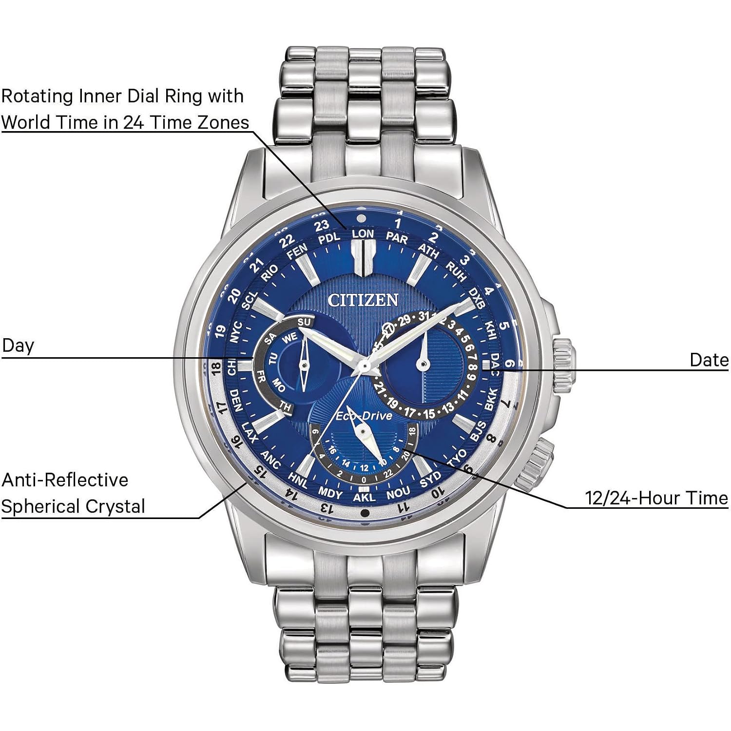 Citizen Men'S Eco-Drive Calendrier Classic Watch, 12/24 Hour Time, 3-Hand Day And Date, Chronograph, Luminous Hands