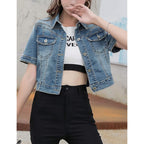 Women'S Summer Short Sleeve Crop Denim Trucker Jacket Jean Coat Tops