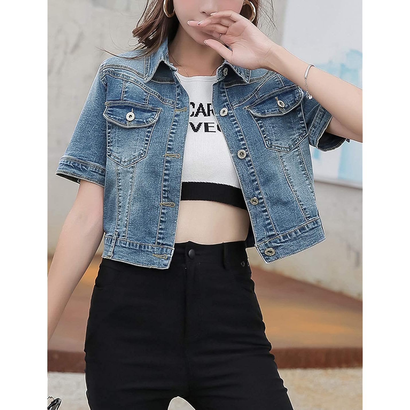 Women'S Summer Short Sleeve Crop Denim Trucker Jacket Jean Coat Tops