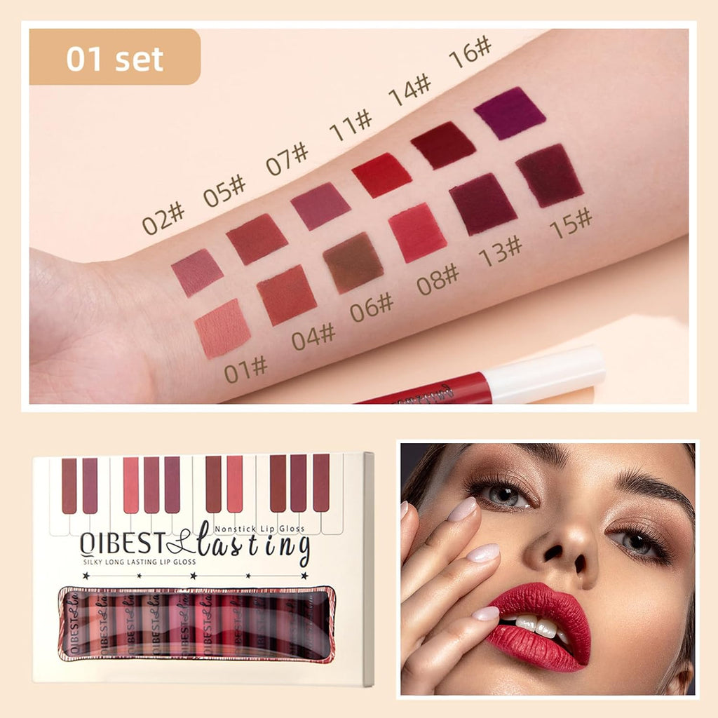 Qibest 12Pcs Matte Liquid Lipstick Set For Girls & Women, 24 Hours Long Lasting Waterproof Nude & Dark Red Lip Gloss Makeup Gift Kits, Velvet Non-Stick Cup Mate Duracion 24 Horas Originales Lip Stains