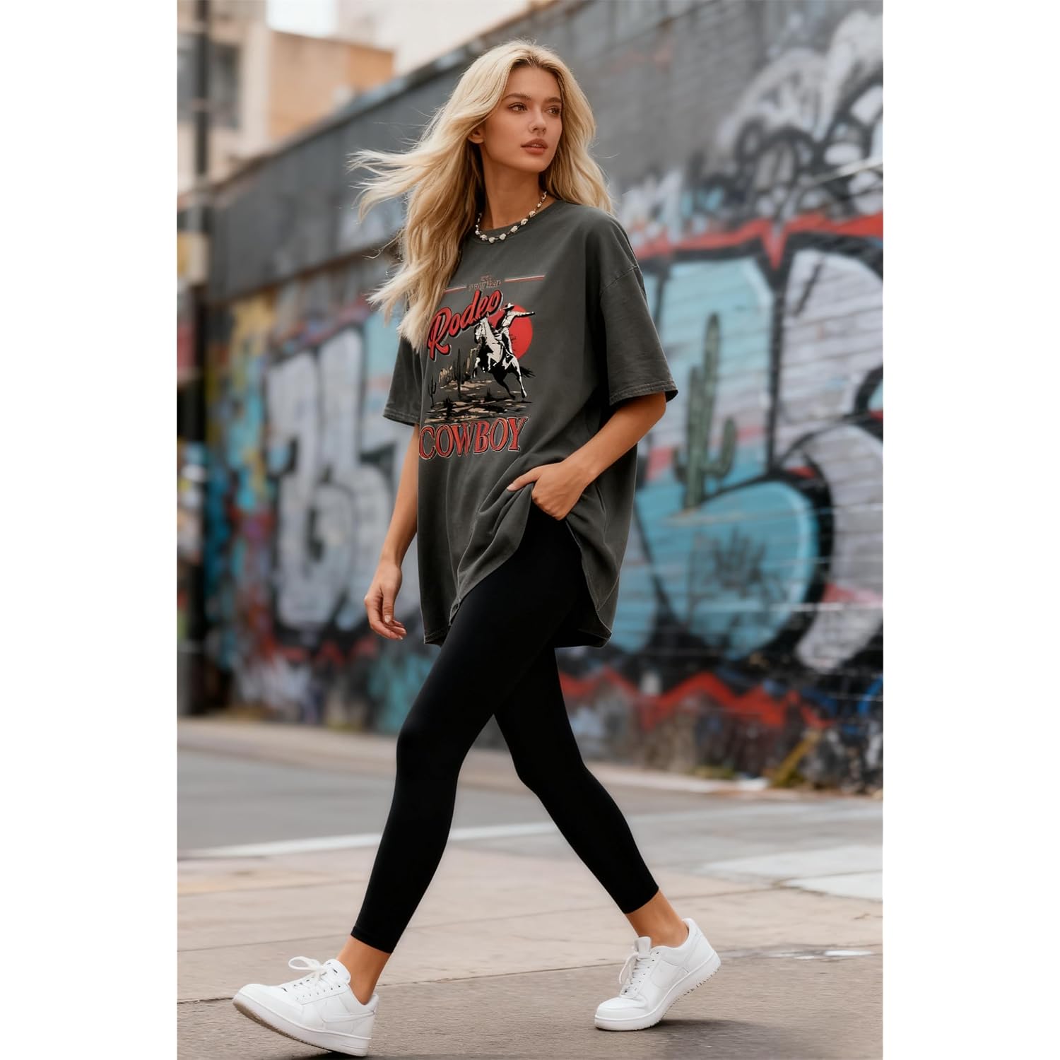 Oversized Western Shirts for Women Cowgirl Rodeo Graphic Tee Top Cowboy Vintage Country Concert Outfit Darkgray