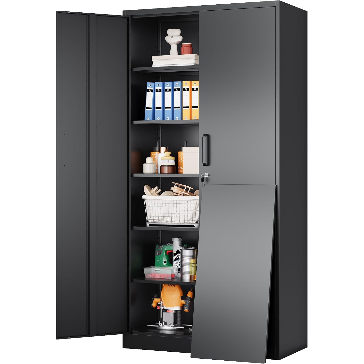 Wide & Deep Metal Storage Cabinet With 2 Doors And 5 Adjustable Shelves,72X36X18 Garage Storage Cabinet,Tall Black Locking Metal Cabinets With Lock,Steel Locked Cabinets For Home,Office,Garage