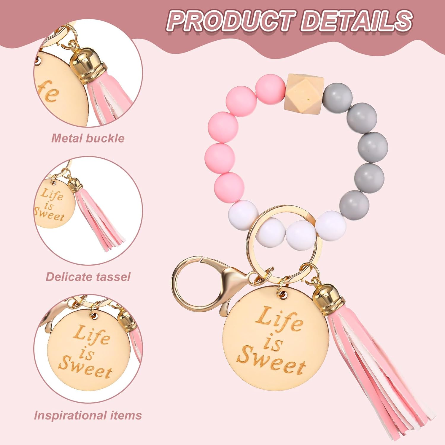 Faccito 12 Pcs Inspirational Keychain Bracelet with Tassel Beaded Motivational Quote Wristlet Keyring for Nurse Grad Gift(Aesthetic Color)