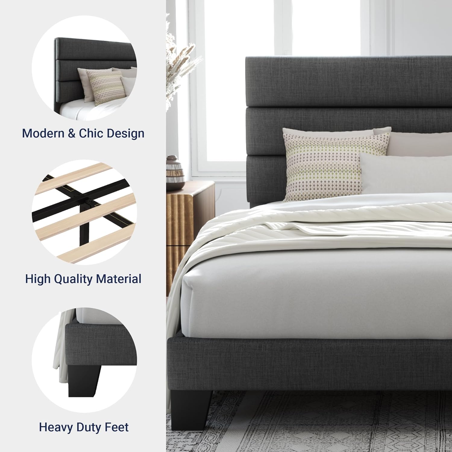 Allewie Queen Size Platform Bed Frame with Fabric Upholstered Headboard and Wooden Slats Support, Fully Upholstered Mattress Foundation/No Box Spring Needed/Easy Assembly, Dark Grey