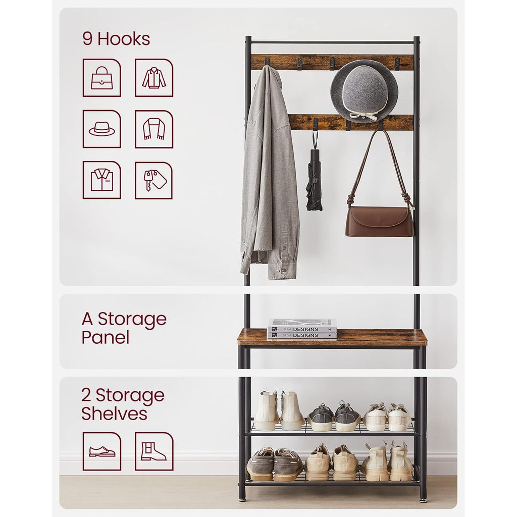 VASAGLE Coat Rack, Hall Tree with Shoe Storage Bench, Entryway Bench with Shoe Storage, 3-in-1, Steel Frame, for Entryway, 12.6 x 27.6 x 68.9 Inches, Industrial, Rustic Brown and Black UHSR41BX