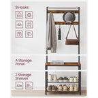 VASAGLE Coat Rack, Hall Tree with Shoe Storage Bench, Entryway Bench with Shoe Storage, 3-in-1, Steel Frame, for Entryway, 12.6 x 27.6 x 68.9 Inches, Industrial, Rustic Brown and Black UHSR41BX