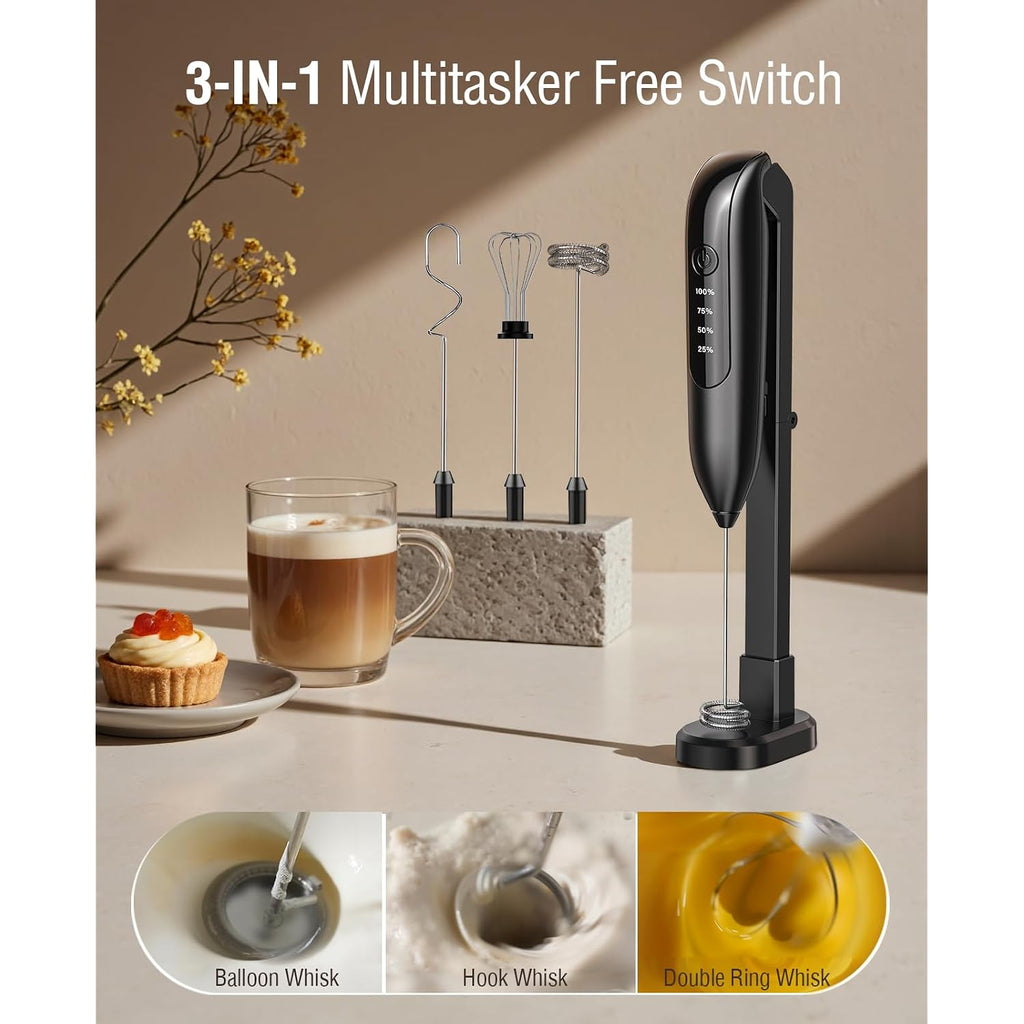 Electric Milk Frother Handheld: Coffee Frother Rechargeable 𝟑 𝐢𝐧 𝟏 - Led Display, Adjustable Wireless Charging - 3 Speeds, Stainless Steel Whisk For Latte, Cappuccino - Bright Black