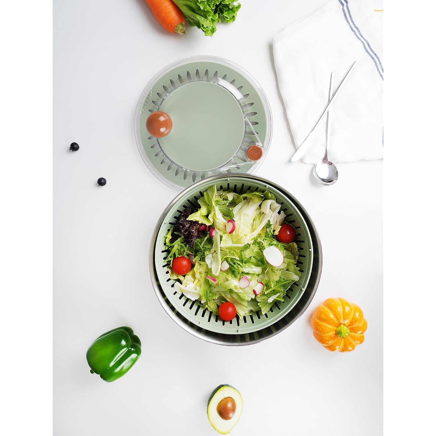 Stainless Steel Salad Spinner, Lettuce Spinner With Drain, Non-Slip Base, Stop Button, Vegetable Dryer, Bpa Free, 5.3 Qt
