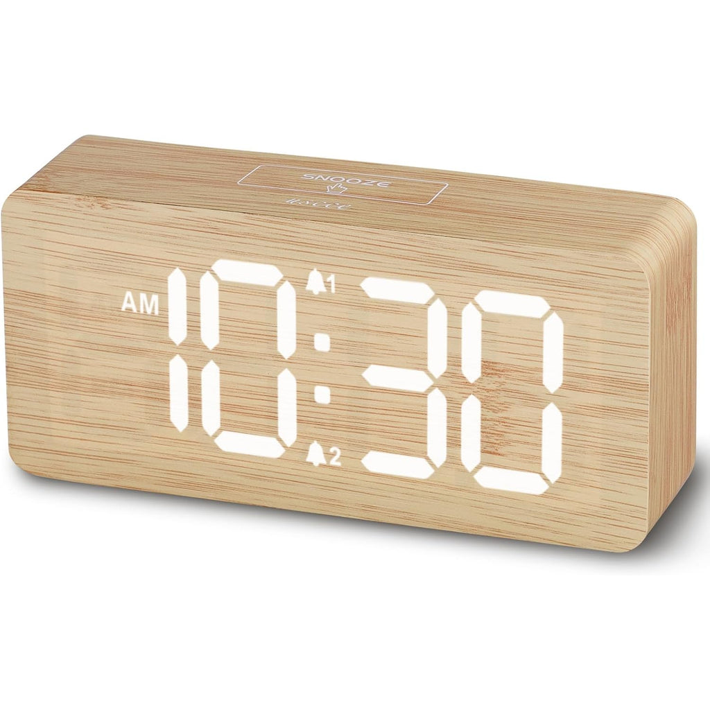 Uscce Wooden Digital Alarm Clocks For Bedrooms With 0-100% Dimmable Display | Desk Clock With Large Numbers For Living Room - Loud Dual Alarm For Heavy Sleepers With Volume Control - Wood Decor & Gifts