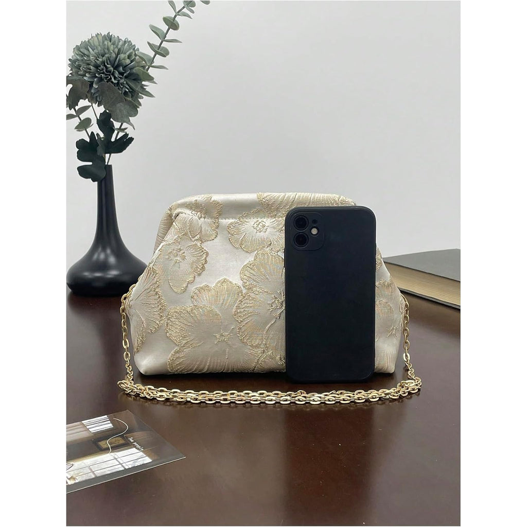 OYOANGLE Women's Flower Embroidery Clutch Purse Kiss Lock Shoulder Bags Evening Handbag