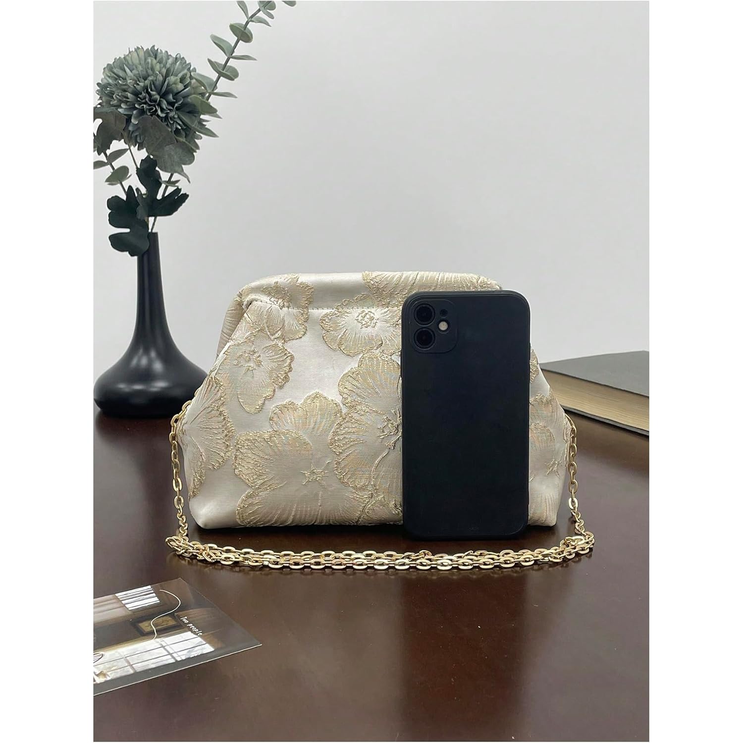 OYOANGLE Women's Flower Embroidery Clutch Purse Kiss Lock Shoulder Bags Evening Handbag