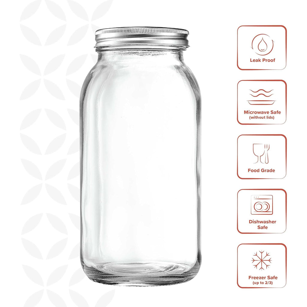 GLING [1 Count 64 oz. Wide-Mouth Glass Mason Jars with Metal Airtight Lids and Bands 2 Quart Large For Preserving, & Meal Prep