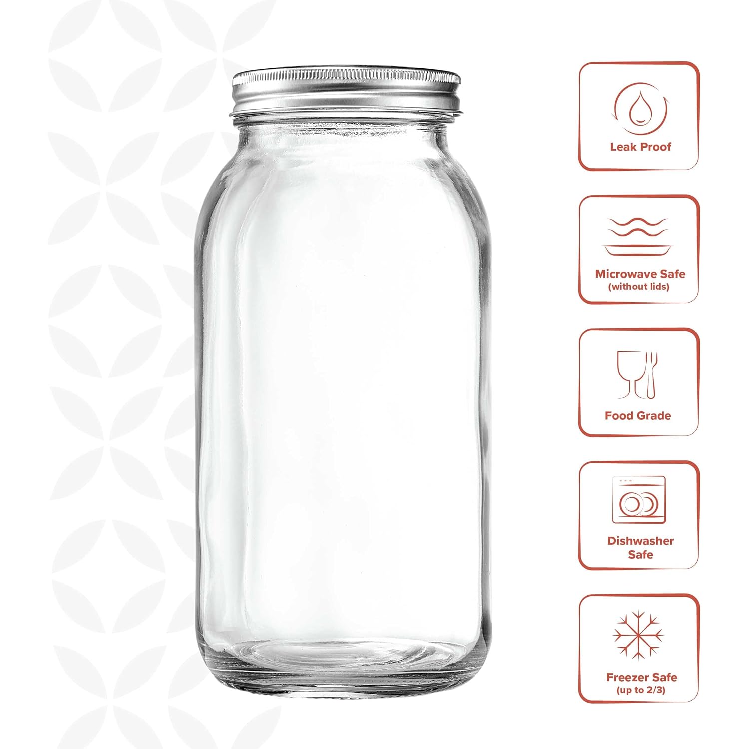 GLING [1 Count 64 oz. Wide-Mouth Glass Mason Jars with Metal Airtight Lids and Bands 2 Quart Large For Preserving, & Meal Prep