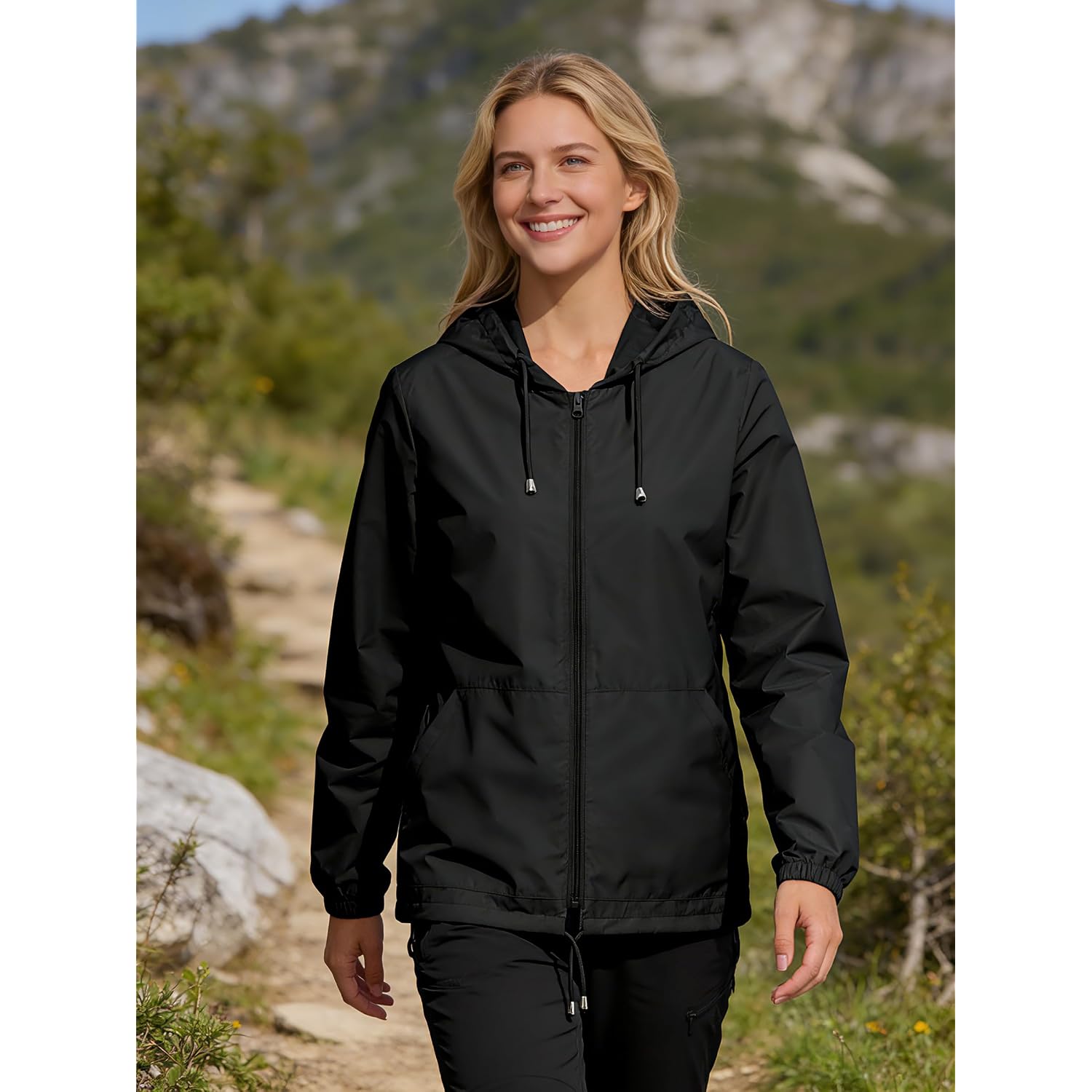 Womens Rain Jacket Lightweight Windbreaker Waterproof Raincoat Cycling Running Hiking Gear Hood Packable