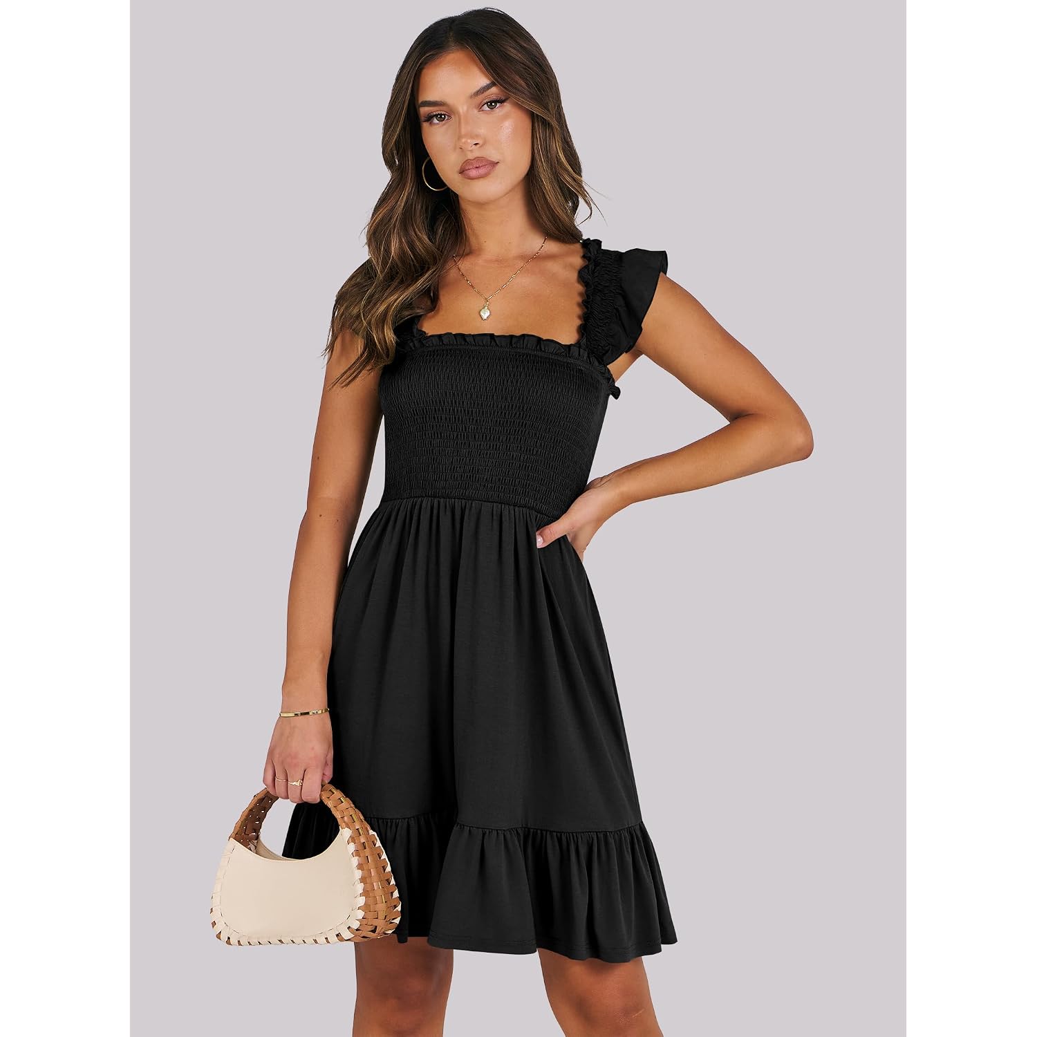 Anrabess Women'S Summer Casual Sleeveless Square Neck Dress 2026 Smocked Ruffle Backless Boho Beach Cute Teen Short Sundress