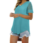 Ofeefan Casual V Neck T Shirts For Women Lace Short Sleeve Curved Hem Tops Loose Fit