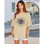 Womens Oversized Tshirt Graphic Tees Crew Neck Summer Short Sleeve Loose Fit Tops 2026 A-sunflower Print Khaki