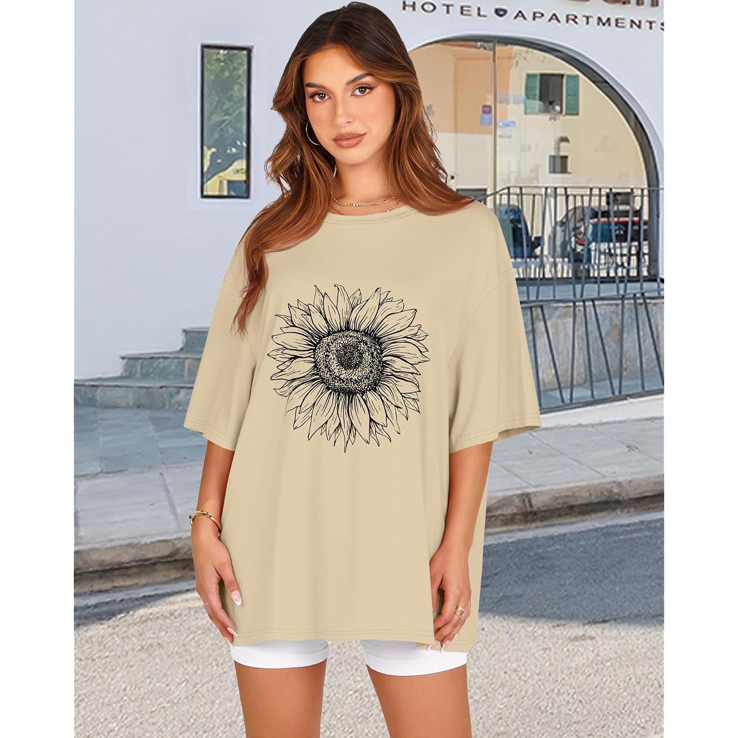 Womens Oversized Tshirt Graphic Tees Crew Neck Summer Short Sleeve Loose Fit Tops 2026 A-sunflower Print Khaki