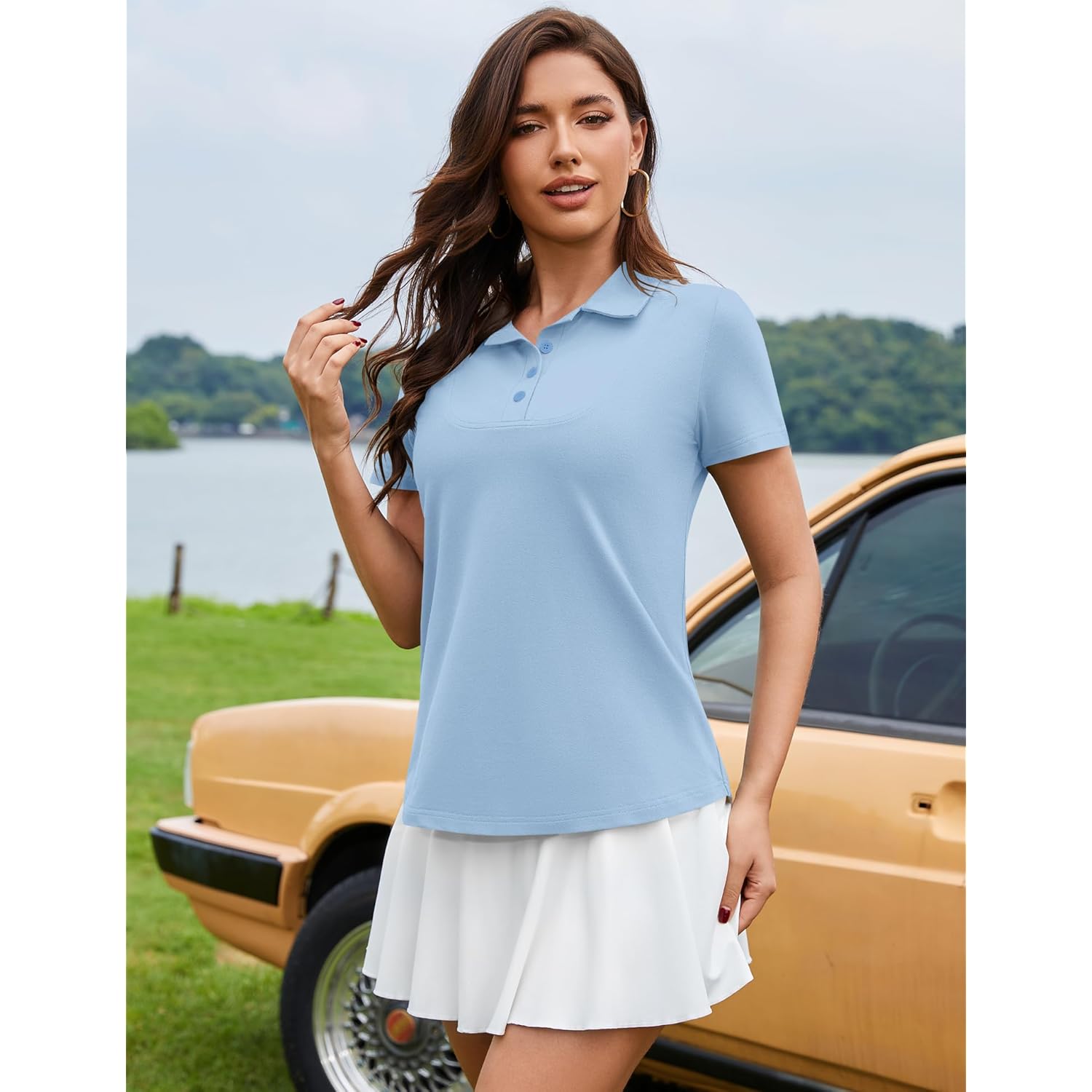 Womens Short Sleeve Polo Shirts Business Casual Collared V Neck Tops Summer Cotton 4 Buttons Polos Tshirts