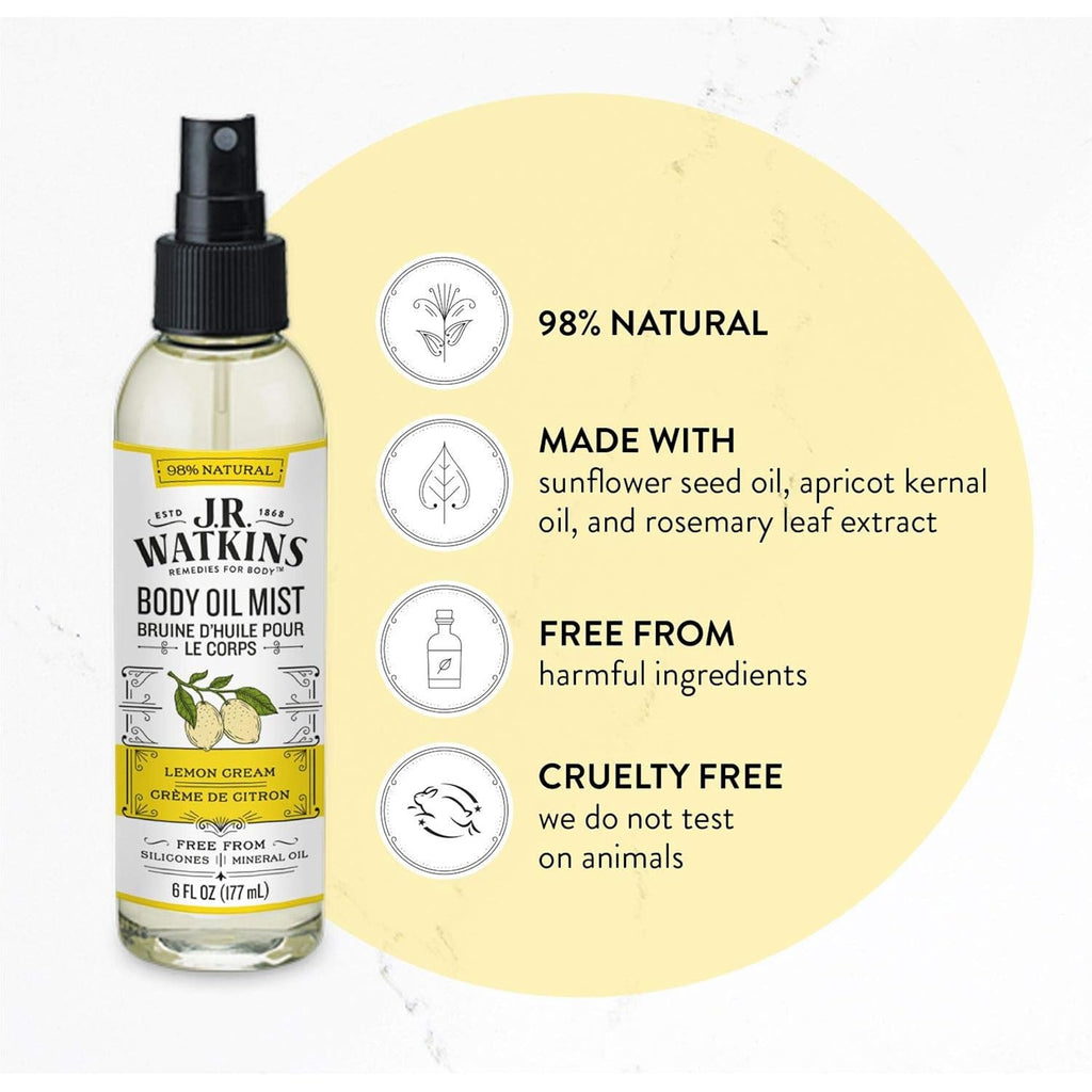 J.R. Watkins Natural Hydrating Body Oil Mist, Lemon Cream, Moisturizing Body Oil Spray For Glowing Skin, Usa Made And Cruelty Free, 6 Fl Oz, Single