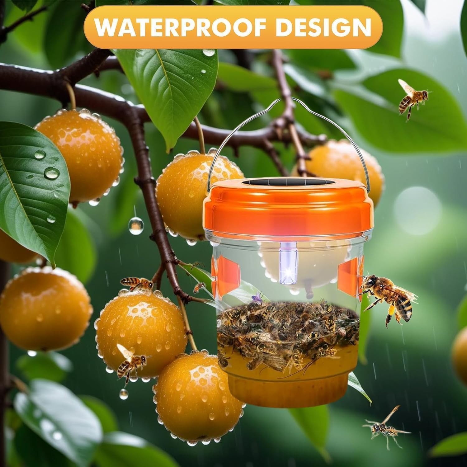 Wasp Trap Outdoor Hanging, Solar Powered Bee Trap Hornets Yellow Jacket Traps Reusable, Bee Wasp Catcher For Garden Patio Yard Orchard, 4 Packs