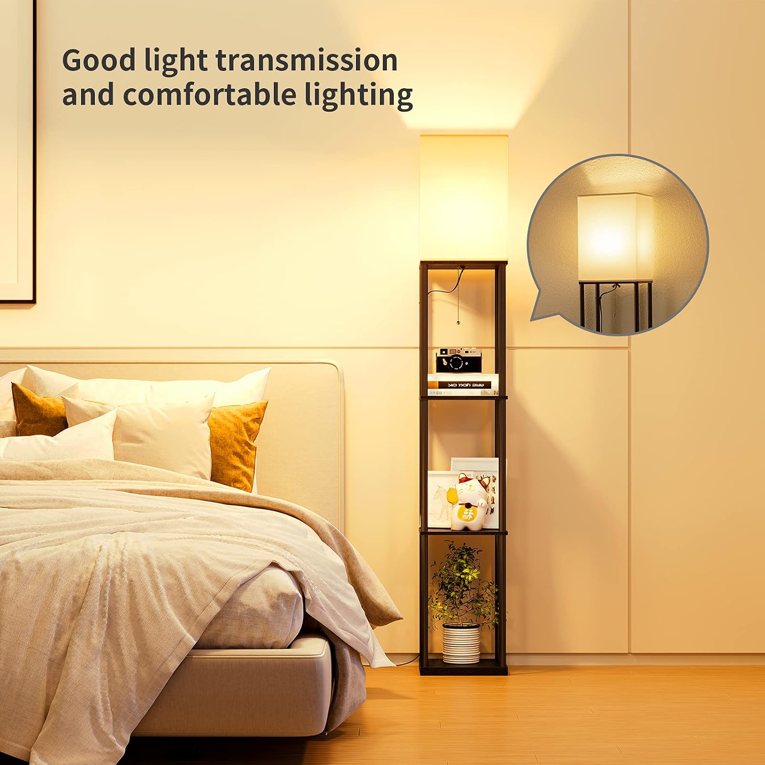 Sunmory Floor Lamp With Shelves, Modern Square Standing Lamp With 3 Color Temperature Bulb, Corner Display Bookshelf Lamp For Living Room And Bedroom(Black)