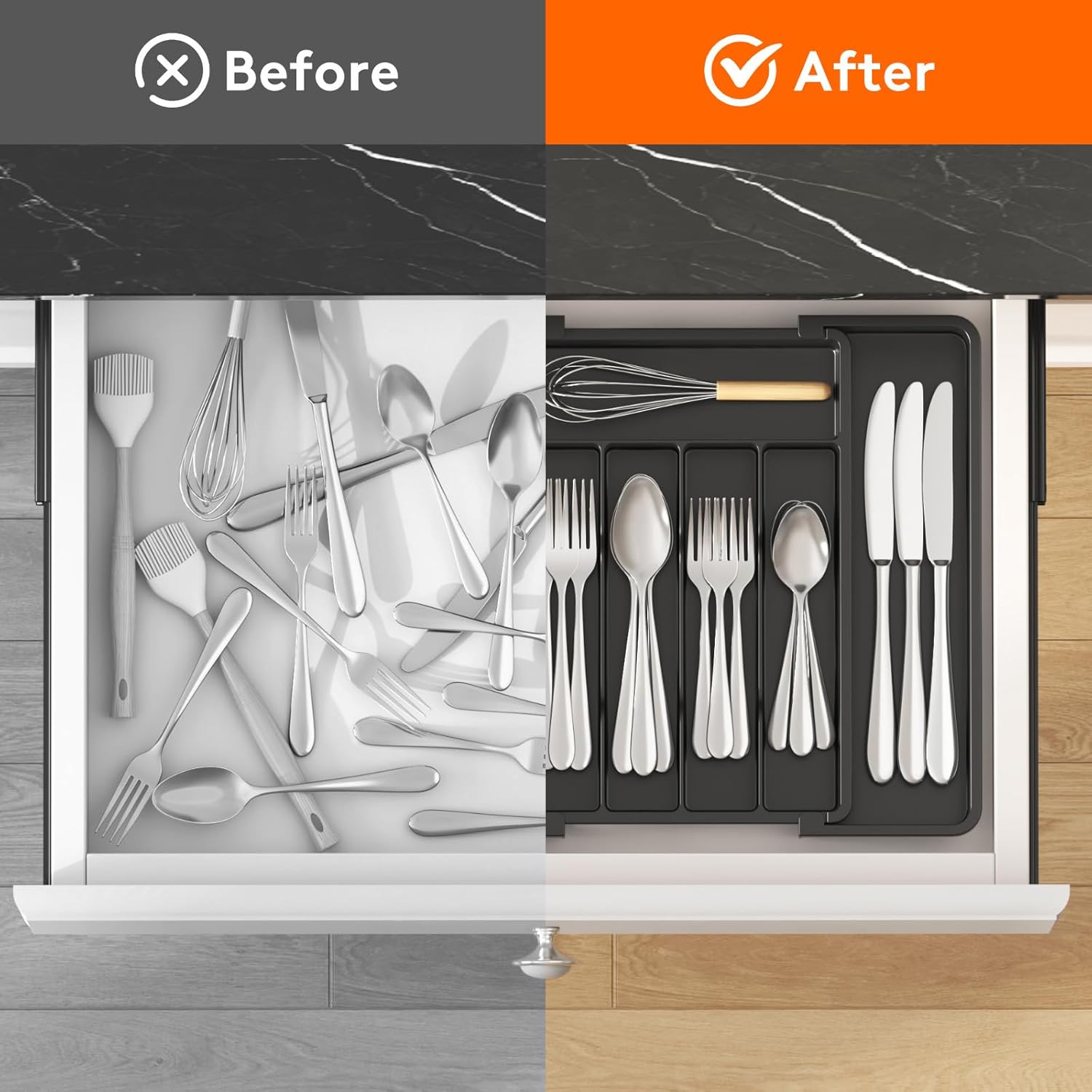 Lifewit Expandable Silverware Organizer, Plastic Utensil Tray for Kitchen Drawer, BPA Free Flatware Cutlery Holder, Space-Saving Storage for Spoons Forks Knives, 8.5-14 x 12 x 1.5 inch, Black