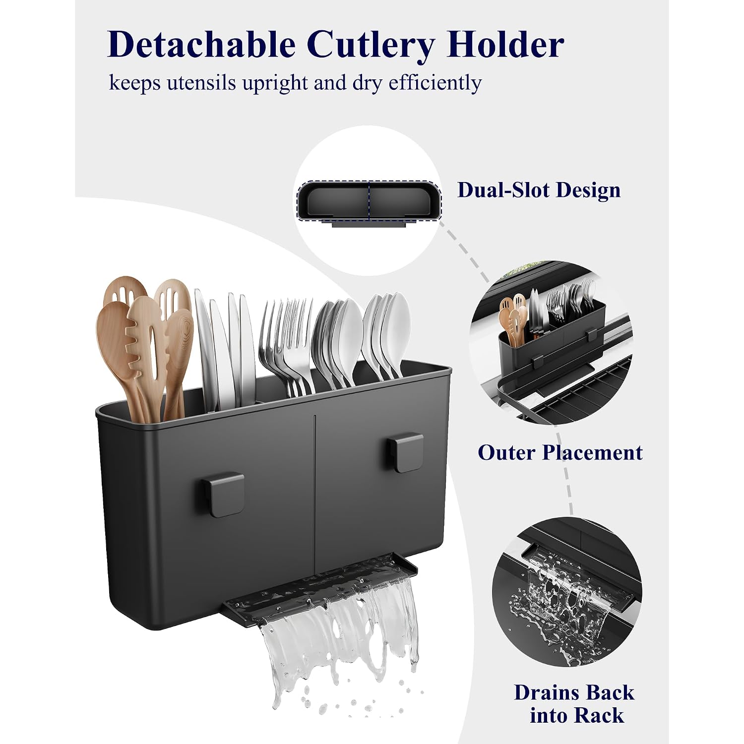 Kitsure Dish Drying Rack - Multi-Functional Dish Rack For Kitchen Counter With Cutlery Holder, Rust-Proof Storage Solution With Rotatable, 15.7" X 12.0" X 5.5", Black