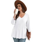 Ofeefan 3/4 Length Sleeve Womens Tops 2025 Blouses For Women Dressy Casual Fashion Clothing V Neck Babydoll Tops Fall Outfits