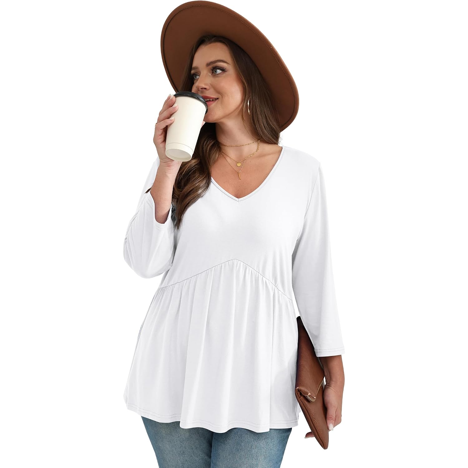 Ofeefan 3/4 Length Sleeve Womens Tops 2025 Blouses For Women Dressy Casual Fashion Clothing V Neck Babydoll Tops Fall Outfits
