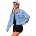 Makemechic Women'S Casual Long Sleeve Raw Hem Jean Jacket Button Down Crop Denim Jacket